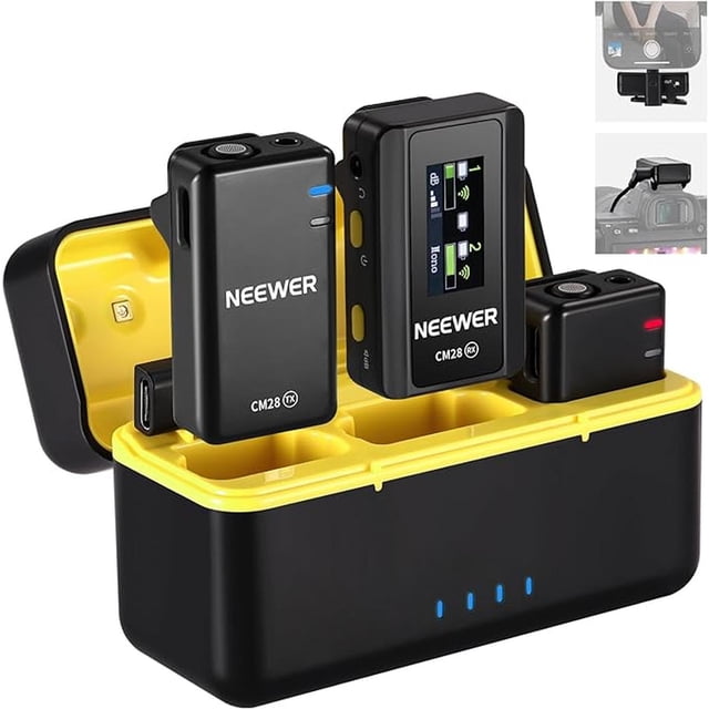 NEEWER CM28 Sistema de micrófono inalámbrico Lavalier con estuche de carga, 4GB, 48KHz 16 bits
