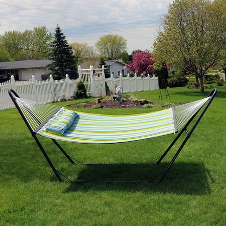 Hatteras Hammocks Steel Swing Stand - Sunnydaze Quilted Double Fabric 2-Person Hammock with Multi-Use Universal Steel Stand, Blue and Green, 440 Pound Capacity