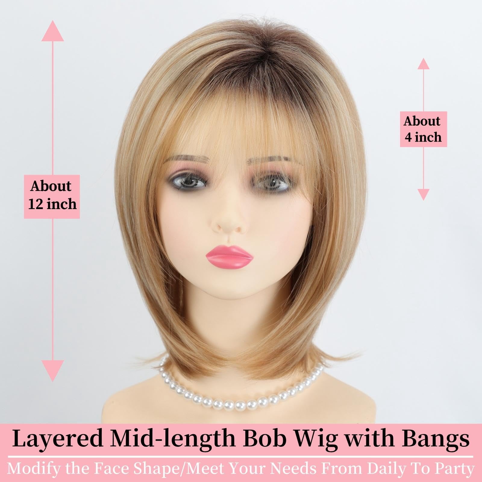 Layered Blonde Balayage Bob Wig for Women Medium Length Straight Synthetic Hair with Bangs Ombre Platinum Brown