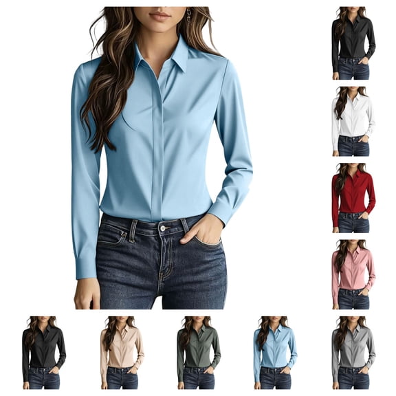 SAWOBUUN Button Down Shirts for Women Long Sleeve Hidden Placket Collared Dress Shirts Business Work Blouses