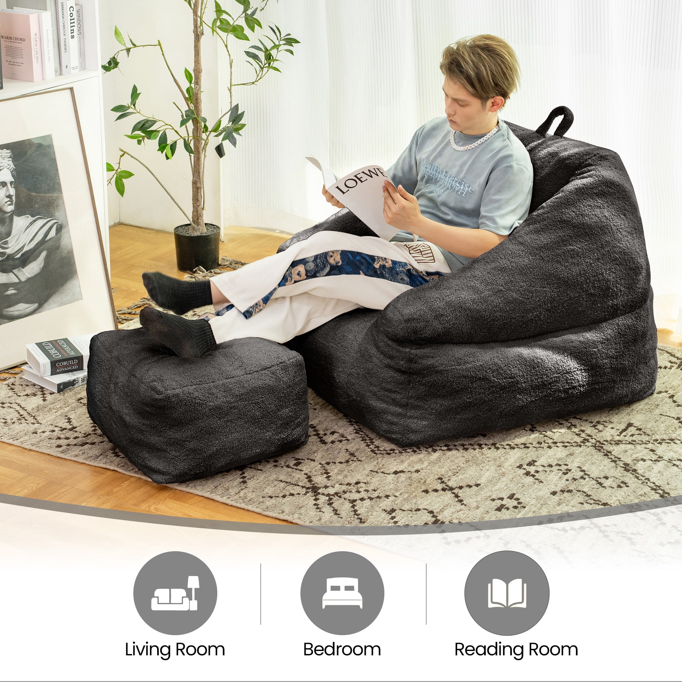 Aukfa Bean Bag Chair with Ottoman, Soft Fluffy Teddy Upholstered Pouf with Foot Rest for Living Room, Black