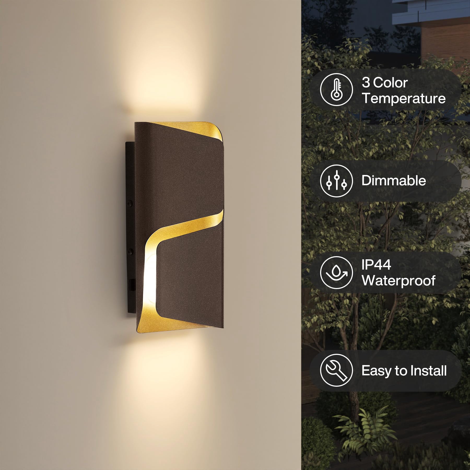 Tribesigns 2-Pack LED Outdoor Wall Lights, 11.8" Modern Wall Sconce with 3 3CCT, 10%-100% Dimmable, IP44 Waterproof, Automatic Photocell Sensor, Patio Fence Garage Decorative