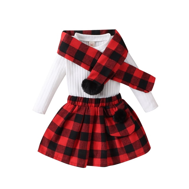 Honganda Kids Girls Fall Outfits Solid Color Ribbed Crew Neck Long Sleeve T-Shirts Tops Plaid Skirts Scarf 3Pcs Clothes Set
