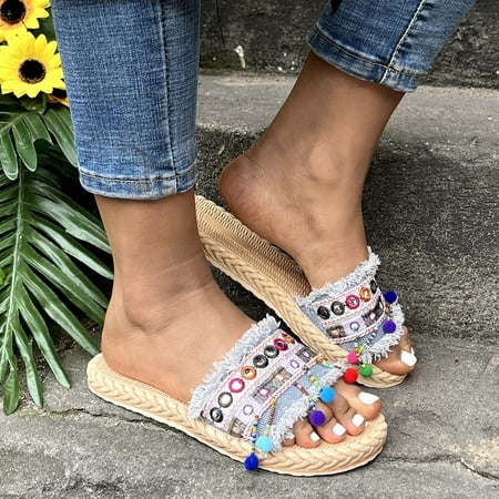 

〖Yilirongyumm〗 Blue 39 Sandals Women Fashion Cross Heel Women s Women s Sandals Sandals Tassel Summer Flat Denim Sandals Linen Beach Women s Sandals