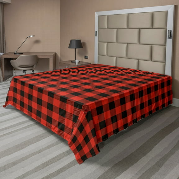 Ambesonne Plaid Flat Sheet, Retro Lumberjack Buffalo, California King, Orange Black