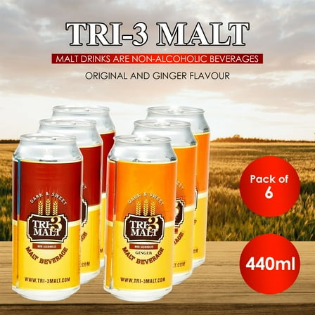 TRI-3 MALT Malt Beverage Soda Pop Ginger Flavour Non-alcoholic 6 Pack 440ml