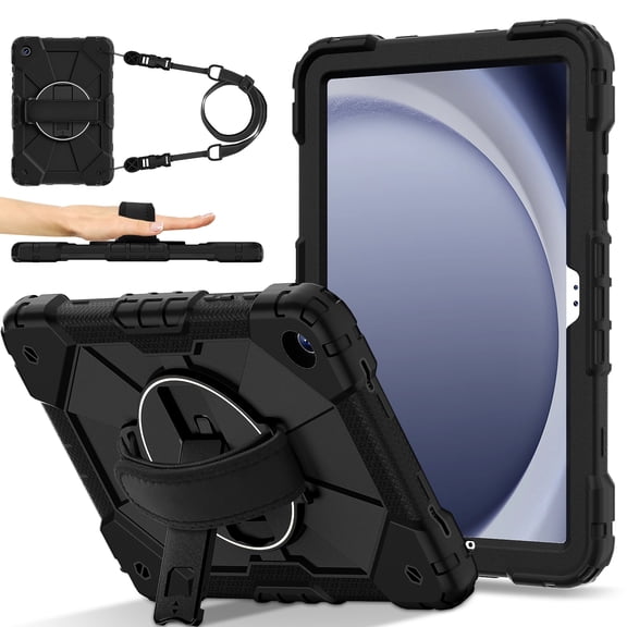Dteck Case for Samsung Galaxy Tab A11 Plus 11.0 inch (SM-X230/X235/X236) 2025 , Shockproof Silicone PC Case Heavy Duty 360° Rotating Hand Strap Kickstand Cover,Black