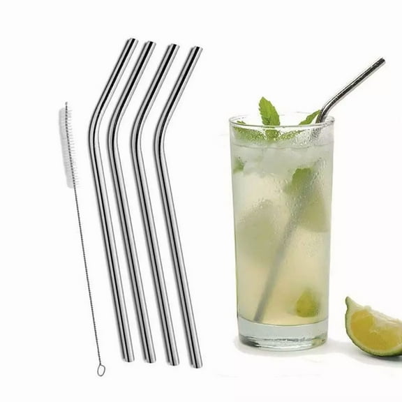 4 Pc Bent Long Eco-Friendly Reusable Stainless Steel Metal Drinking Straws 10.5"