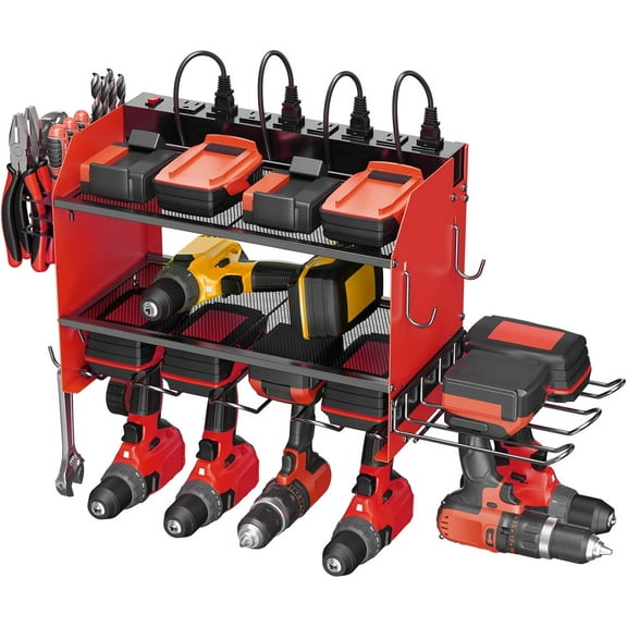 Modular Power Tool Organizer Wall Mount Charging Station, Grey 6 Drills Holder with 8 Plug Power Strip 10FT, Garage Drill Battery Heavy Duty Metal Shelf, Utility Rack with Hooks, Side Storage.