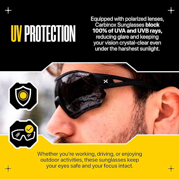 Carbinox Sports Sunglasses with Multiple Shield Lenses Anti-Glare, 100% UV Protection with Hard Case and Accessories, Black Frame