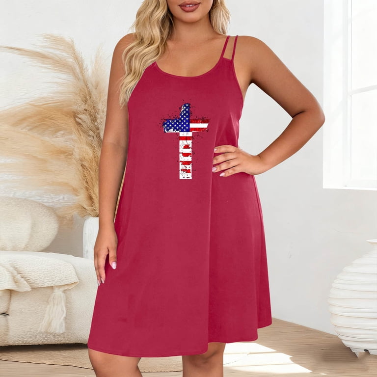 nice lady dresses Hxshgdsn Independence Day Womens A Line Dress July 4th Distressed American  Flag Print Spaghetti Strap Cami Dresses（Hot Pink/2XL）
