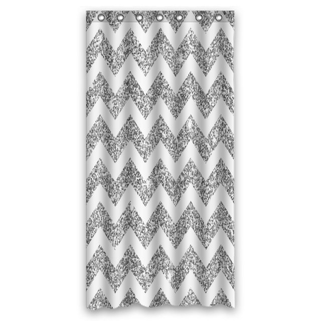 ABPHQTO Cortina de ducha de poliéster resistente al agua con textura blanca y purpurina plateada Chevron brillante y ganchos 90x180 cm