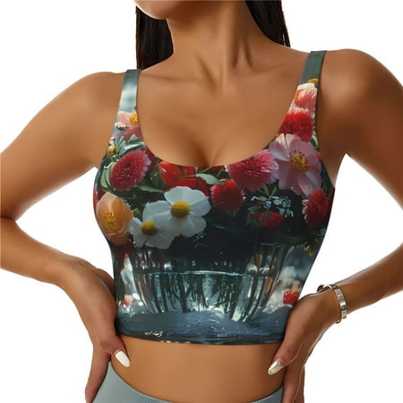 Adobk Vibrant Bouquet Waterfall Print Sports Bras for Women Longline Workout Crop Tank Tops Padded with Built in Shelf Padded Sports Bra-Medium