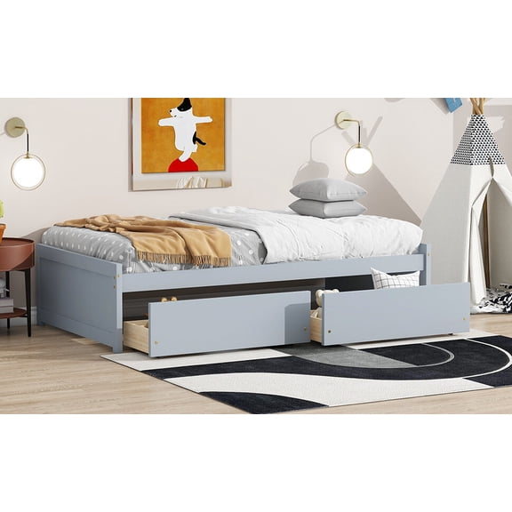 Twin Size Adjustable Bed Base, Twin Size Bed with 2 Drawers, Solid Rubber Wood Bed,Grey, Grey Bed Frames,Rubber Wood Platform Bed Frames, Furniture Bedroom Furniture Beds, Frames & Bases