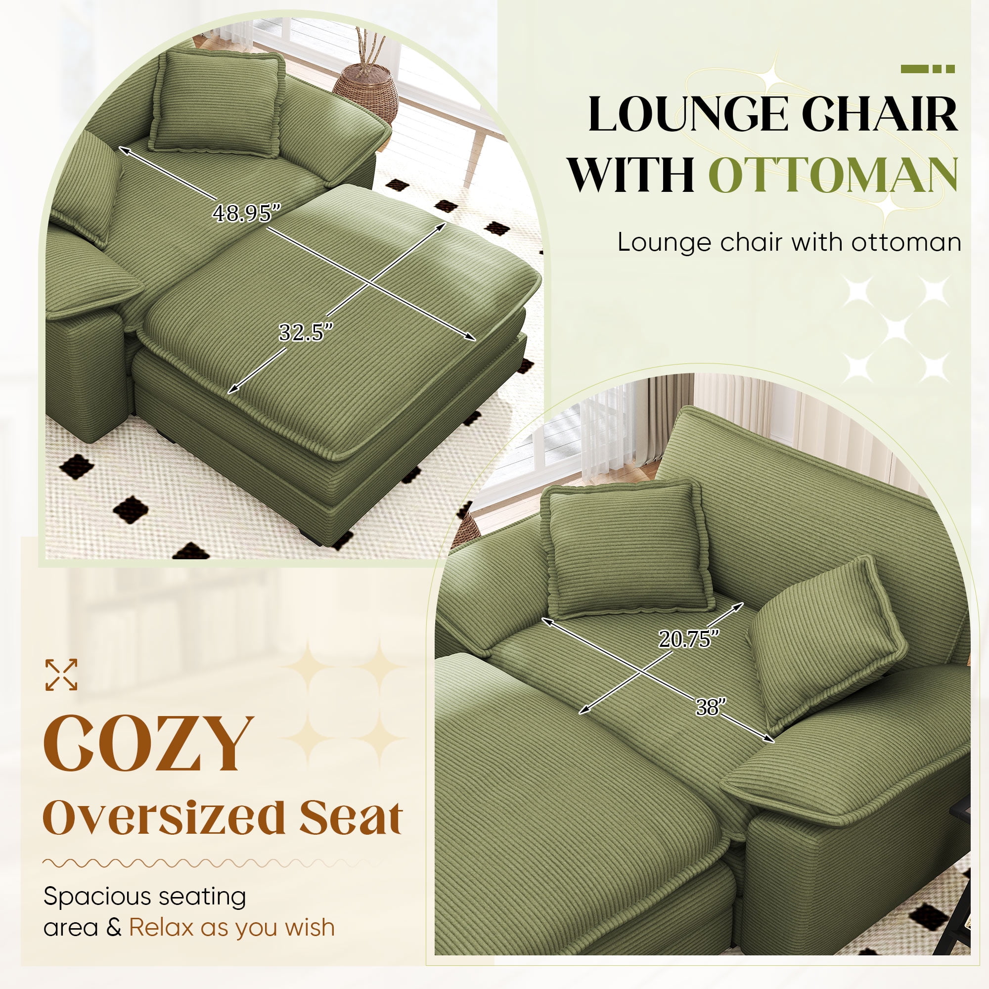 Lunale Oversized Lounge Chair & Ottoman Set - 48" Cloud Corduroy Accent Armchair for Modern Living/Bedroom, Green Corduroy