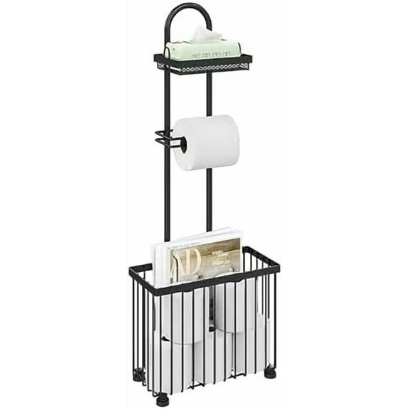 Freestanding Toilet Paper Holder Toilet Tissue Rack Scroll Stand Roll Dispenser with Storage Shelf Reserve for Phone Tablet Magazine Bathroom Organizer Bath Tissue Organizer (Black)