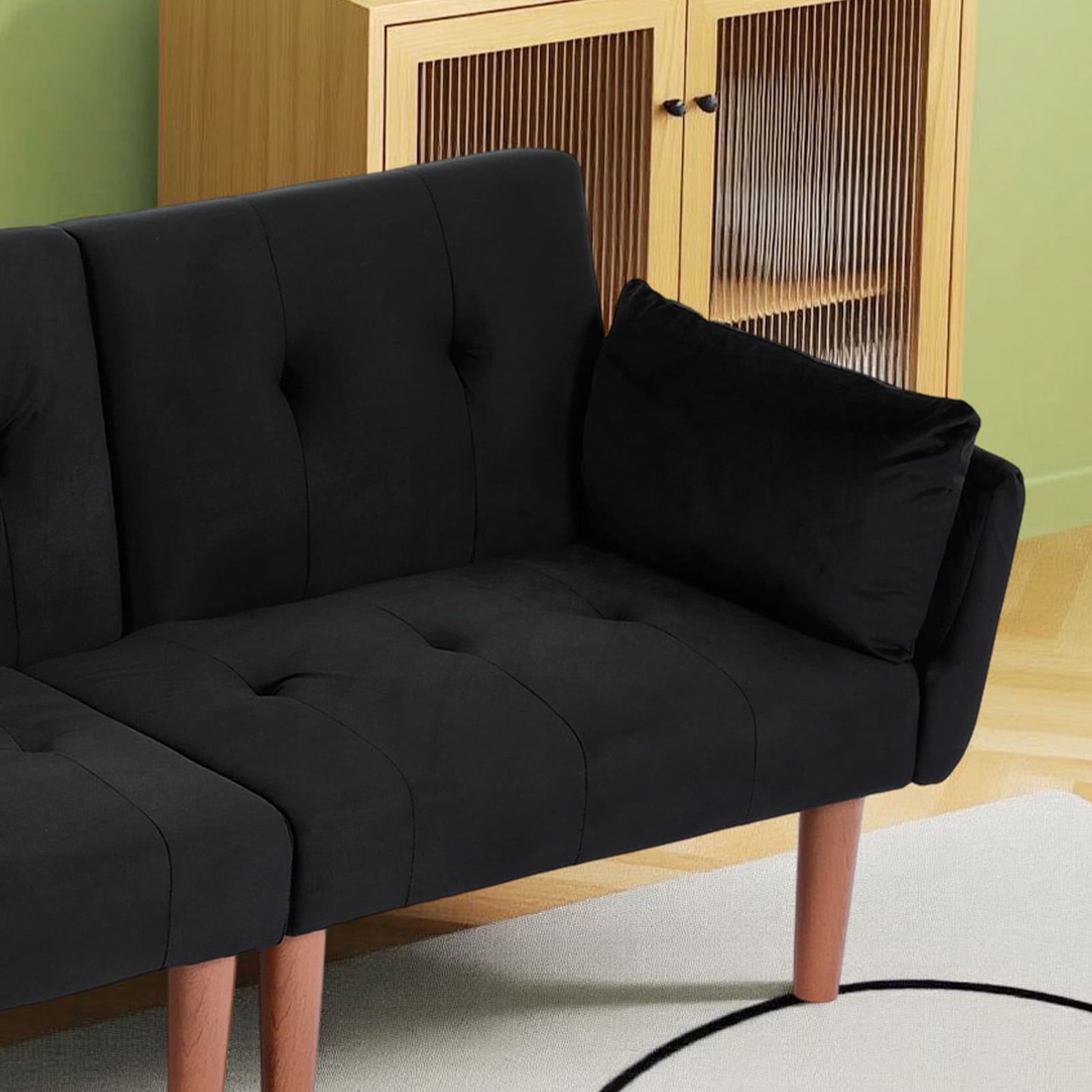 Leumius 72 Inch Futon Sofa Bed,Velvet Futon Couch with Adjustable Backrest and Cupholders,Suitable for Apartment,Living Room,Small Space,Black