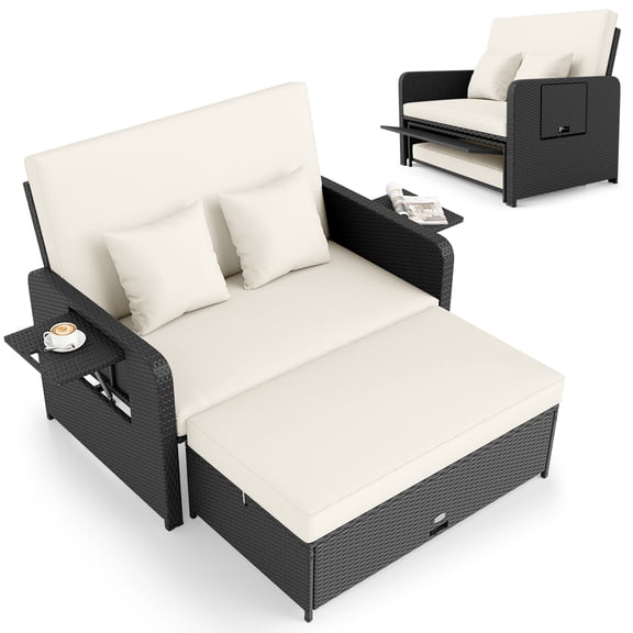 Gymax Set of 2 PE Wicker Outdoor Daybed w/4-Level Adjustable Backrest Storage Ottoman Beige