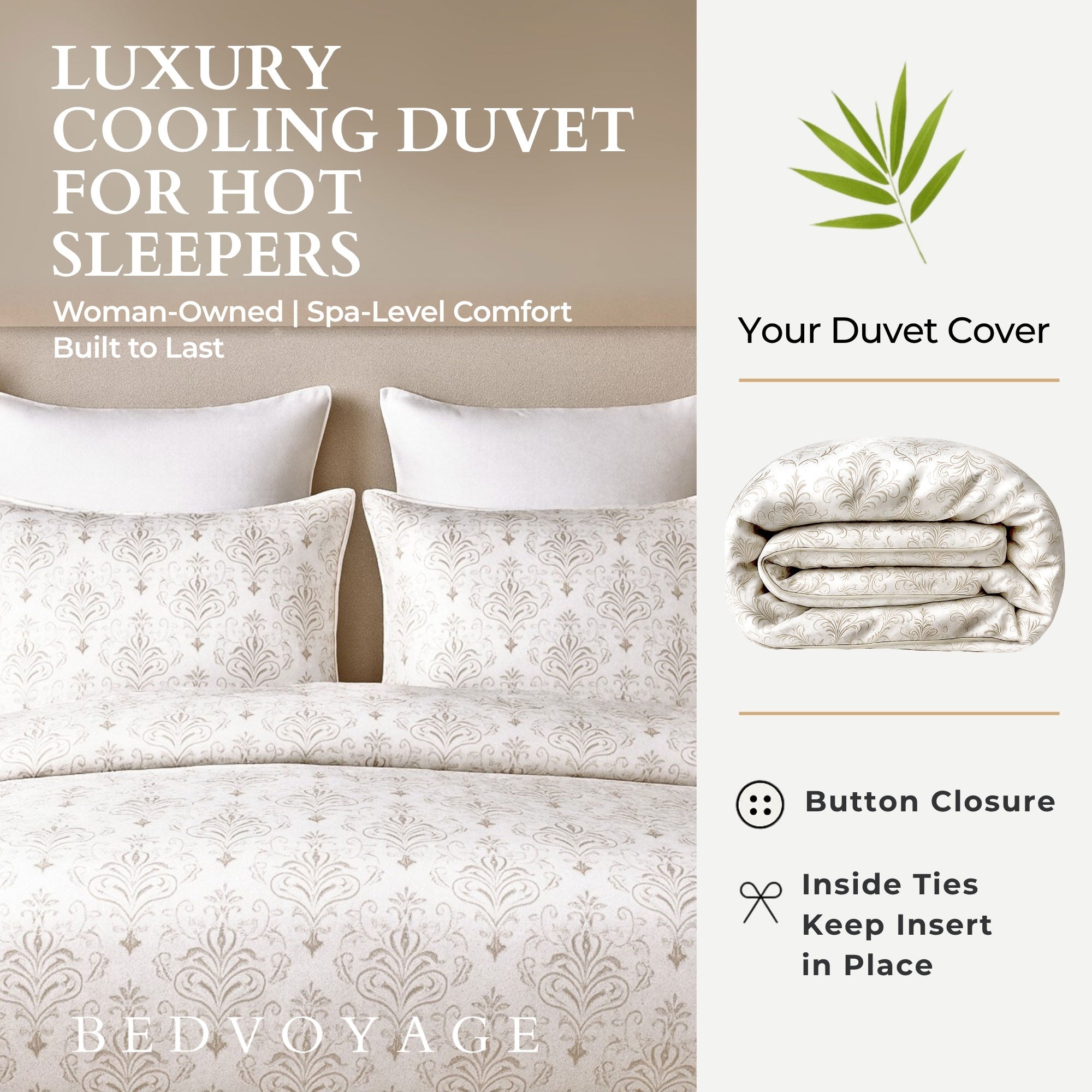 BedVoyage Queen Size Duvet Cover Set, Luxury 100% Viscose Derived from Bamboo, with 2 Standard Shams, Button Closure/Corner Ties, Silky-Soft, Lightweight & Cooling, 92x96, Full/Queen – Damask