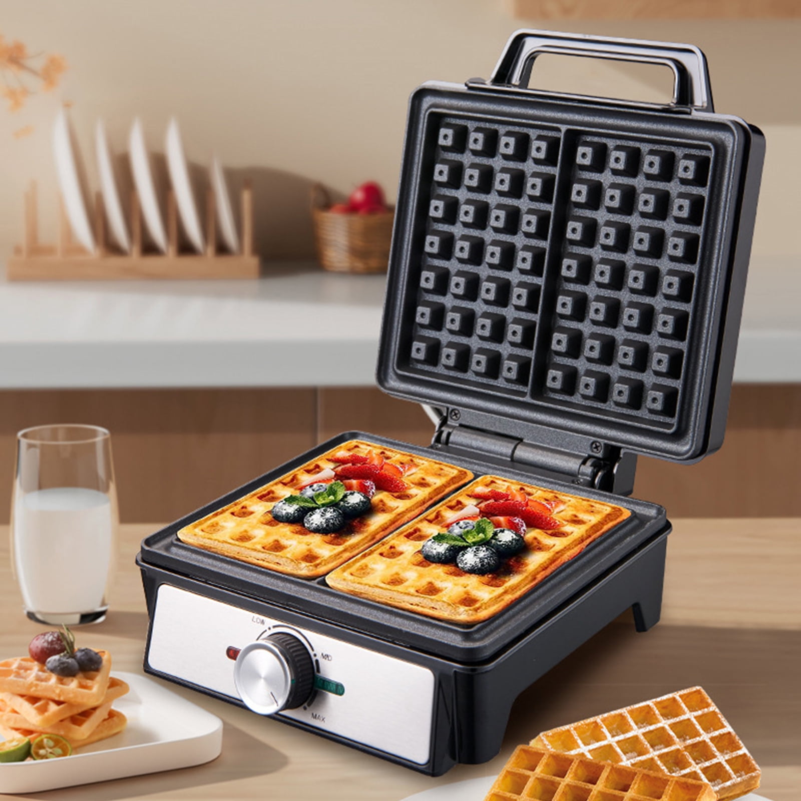 2-Slice Waffle Maker with Nonstick Surface, 1200W Waffle Iron, Time & Temperature Control, Browning Control, Perfect Waffle Maker for Kids and Families, Stainless Steel