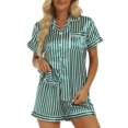 thumbnail image 2 of Women Short Sleeves Pajamas Set Turn Down Collar Beautiful Print Two Piece Top Shorts Sleepwear Green Stripe M, 2 of 6