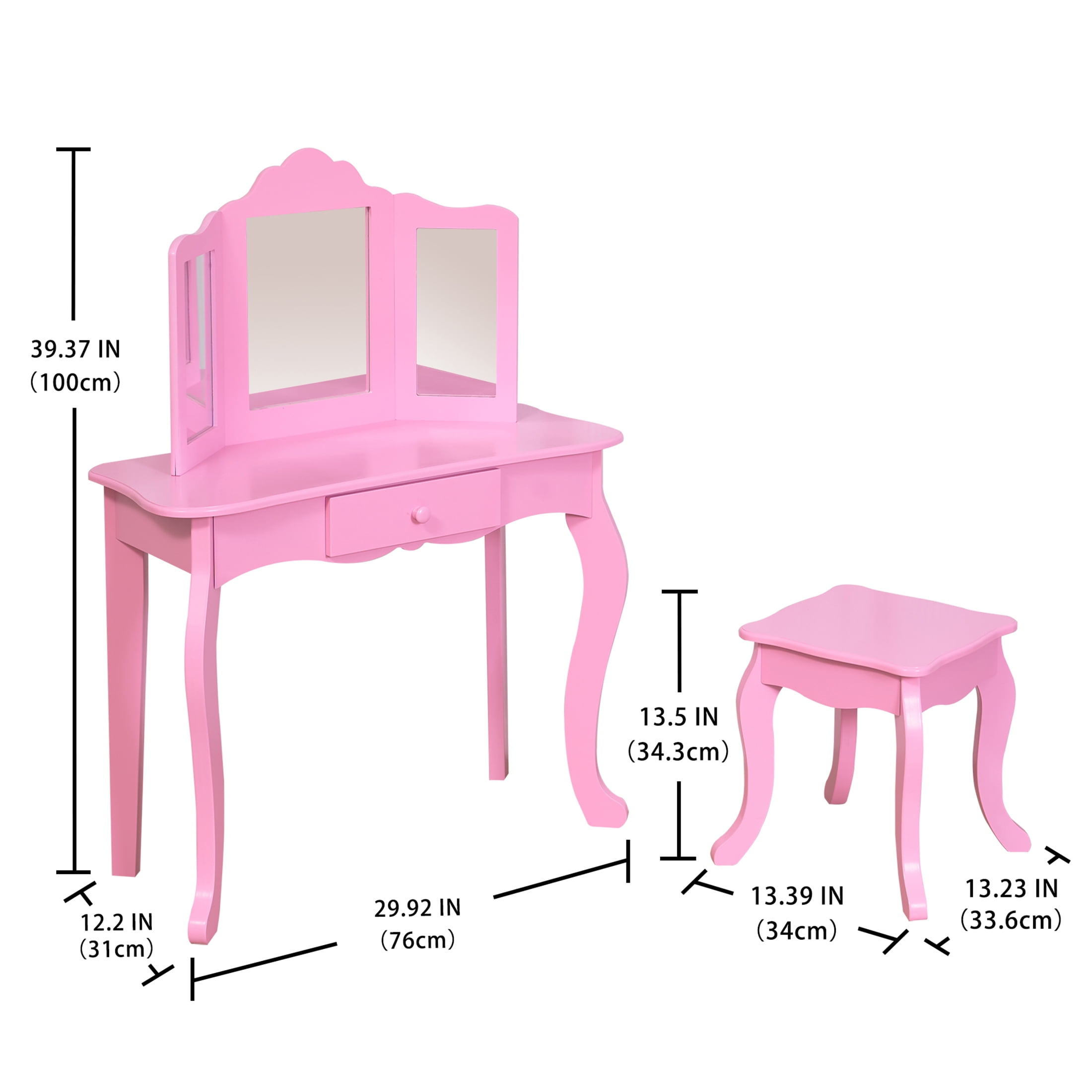 Your Zone Kids Wooden Vanity Table And Stool Set With 3 Mirrors,Pink,3 Year Old Up