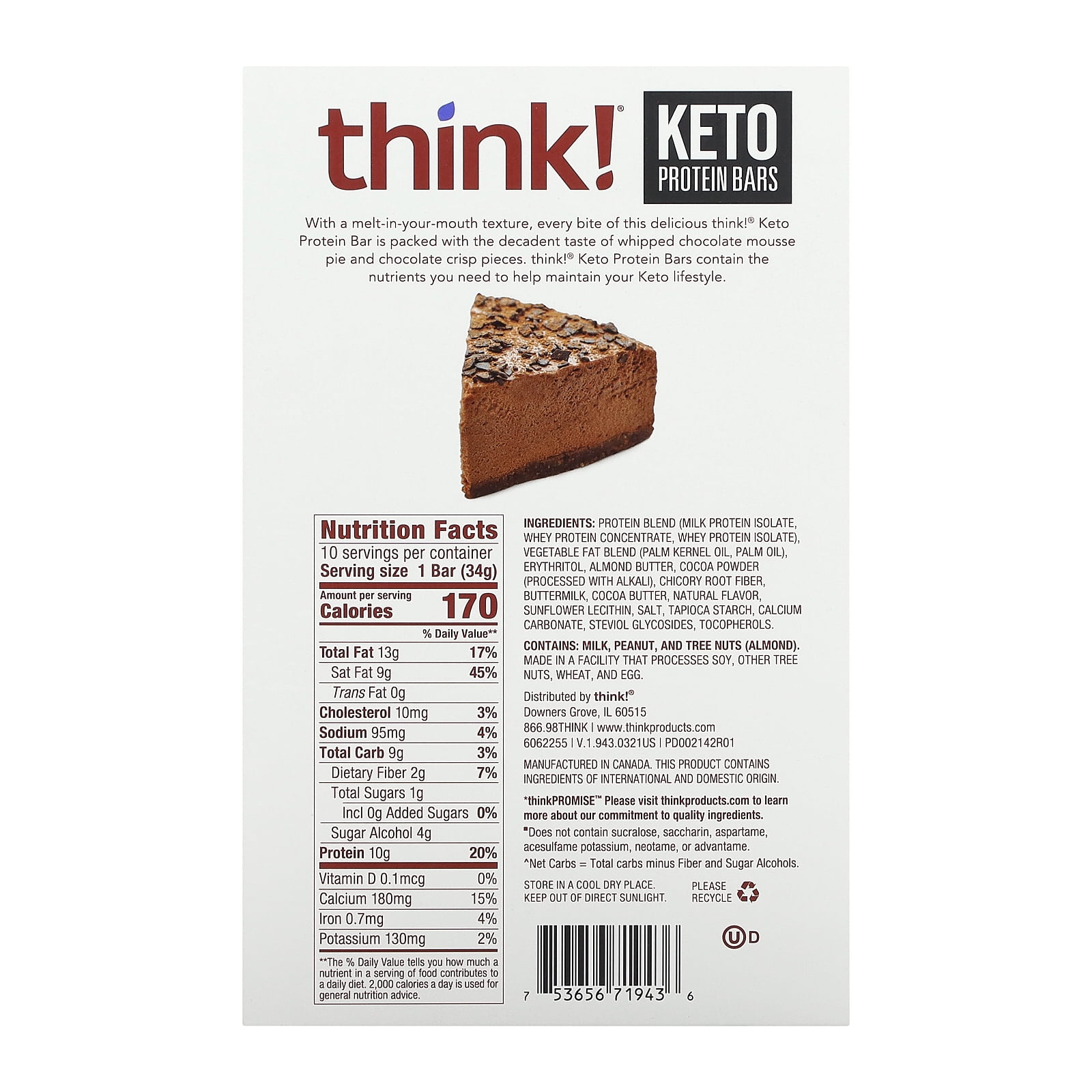 Keto Protein Bars, Chocolate Mousse Pie, 10 Bars, 1.2 oz (34 g) Each, Think !