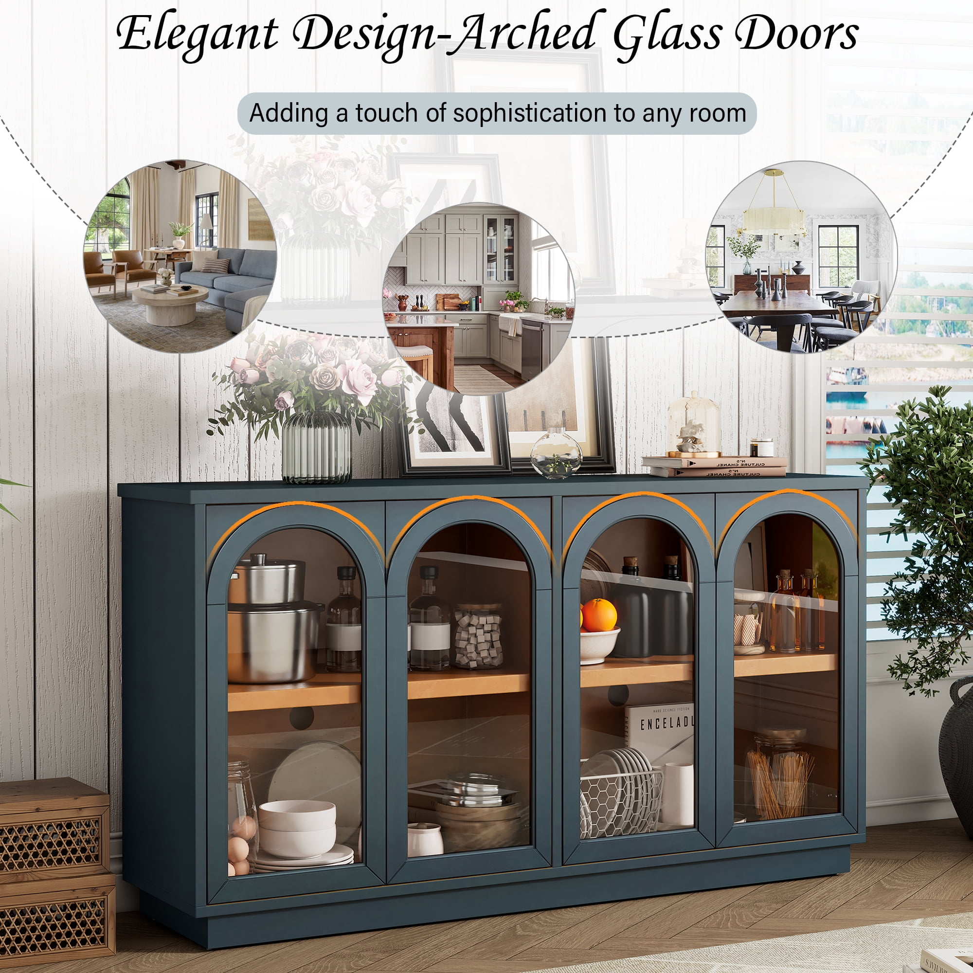 Aukfa Storage Buffet Cabinet with 4 Glass Doors, Large Arched Cabinet,Navy