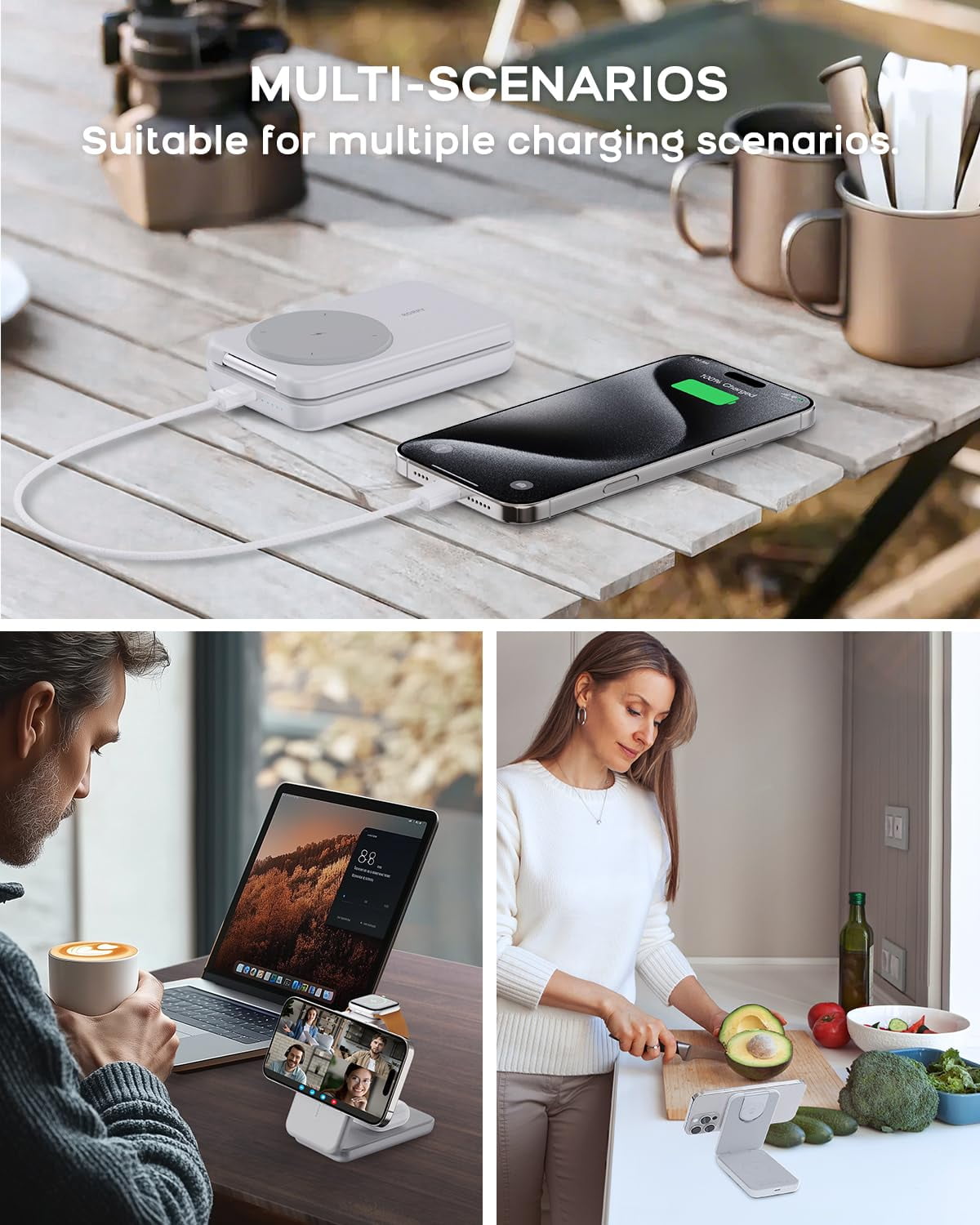RORRY Magnetic Portable Chrager , 10000mAh Power Bank 3-in-1  Wireless Charger, Foldable Battery Pack for iPhone, Apple Watch,  AirPods, Samsung,White