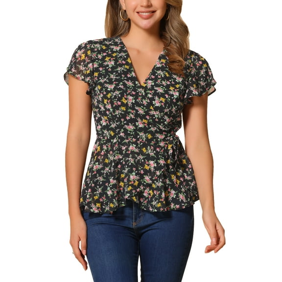 INSPIRE CHIC Women's Wrap Tops Floral Print V Neck Short Sleeve Tie Waist Peplum Blouses M Black