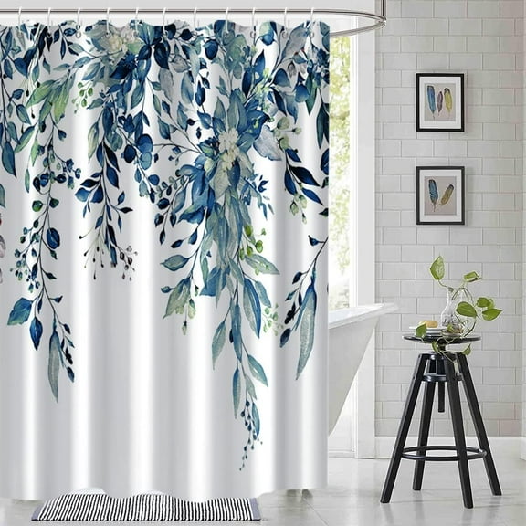 Blue Eucalyptus Shower Curtain, Watercolor Spring Plant Leaves with Floral Shower Curtain Waterproof Fabric Shower Curtain Set with Hooks, 72x72 Inch