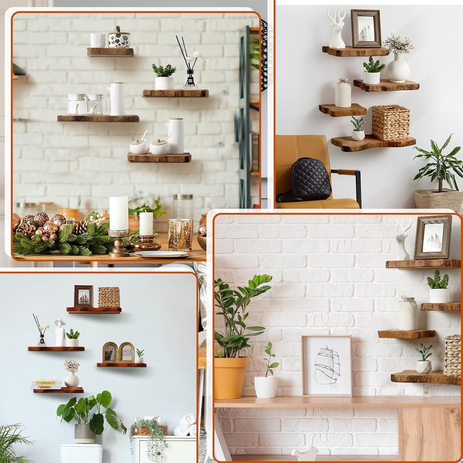4 Pcs Floating Shelves for Wall Wooden Live Edge Shelf Wall-Mounted Natural Solid Wood Bedroom Kitchen Storage Living Room Nursery Decor(4 Pcs,11.81/15.7 Inch)