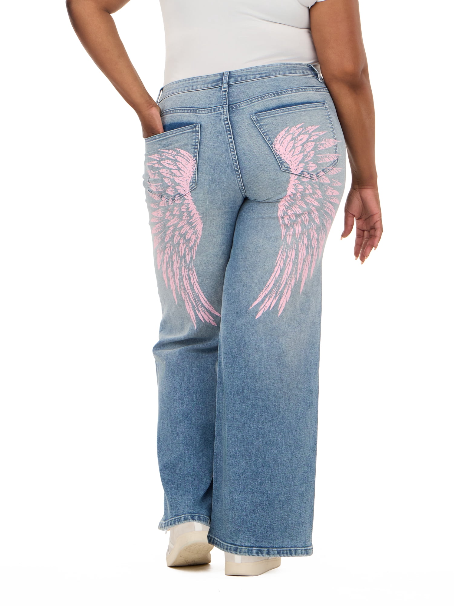 Forever 21 Women's Low Waist Wide Leg Denim Pants with Screen Print, Relaxed Fit Baggy Jeans, Vintage Wash Casual Streetwear, Blue, 00-4X