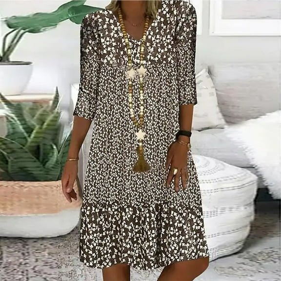 Awdenio Women's Novelty Dresses Fashion Women Summer Casual V-Neck Print 3/4 Sleeve Fold Mini Dress