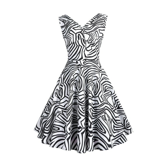 IROINNID Women's A-Line Dress V-Neck Sleeveless Comfy Vintage Regular Party Swing Dress Printed Knee-Length Dress