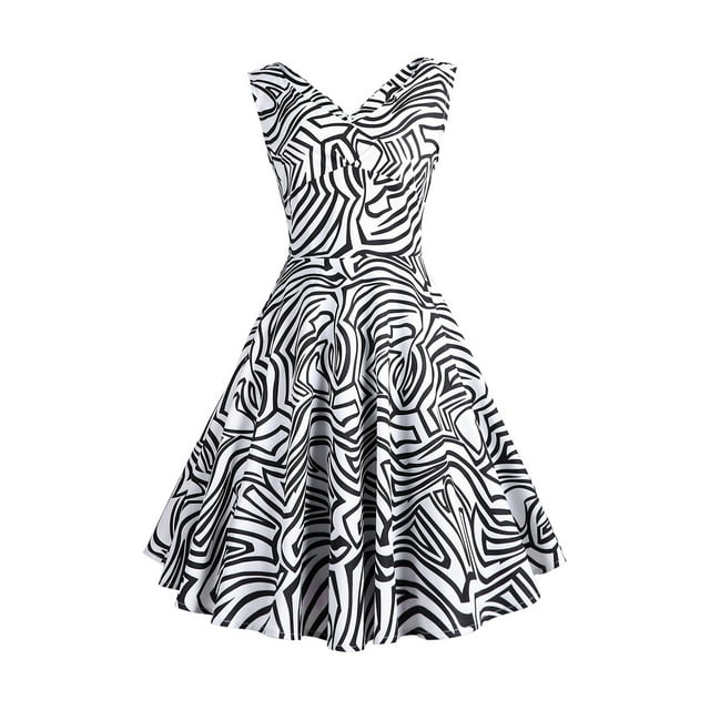 EGNMCR Robes de Soirée pour Femmes, Robes Formelles pour Femmes, Robes de Cocktail pour Femmes Sans Manches à Col en V Mi-Mollet Robe Confortable d'Été pour Femmes Sans Manches à Col en V Vintage Régulière à Imprimé Robe de Fête Robe pour Femme