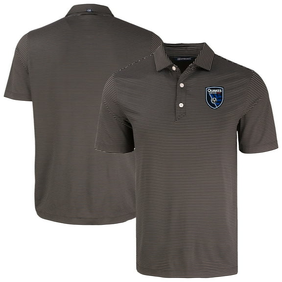 Men's-Cutter & Buck  Black San Jose Earthquakes Forge Eco Fine Line Stripe Stretch Recycled Polo