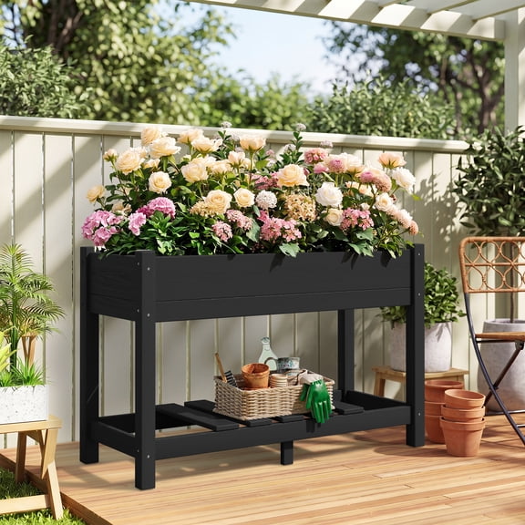 SERWALL HDPE Raised Garden Bed with Legs, 43"x16"x30" Elevated Planter Box, Outdoor Planter for Vegetables Flowers, Black