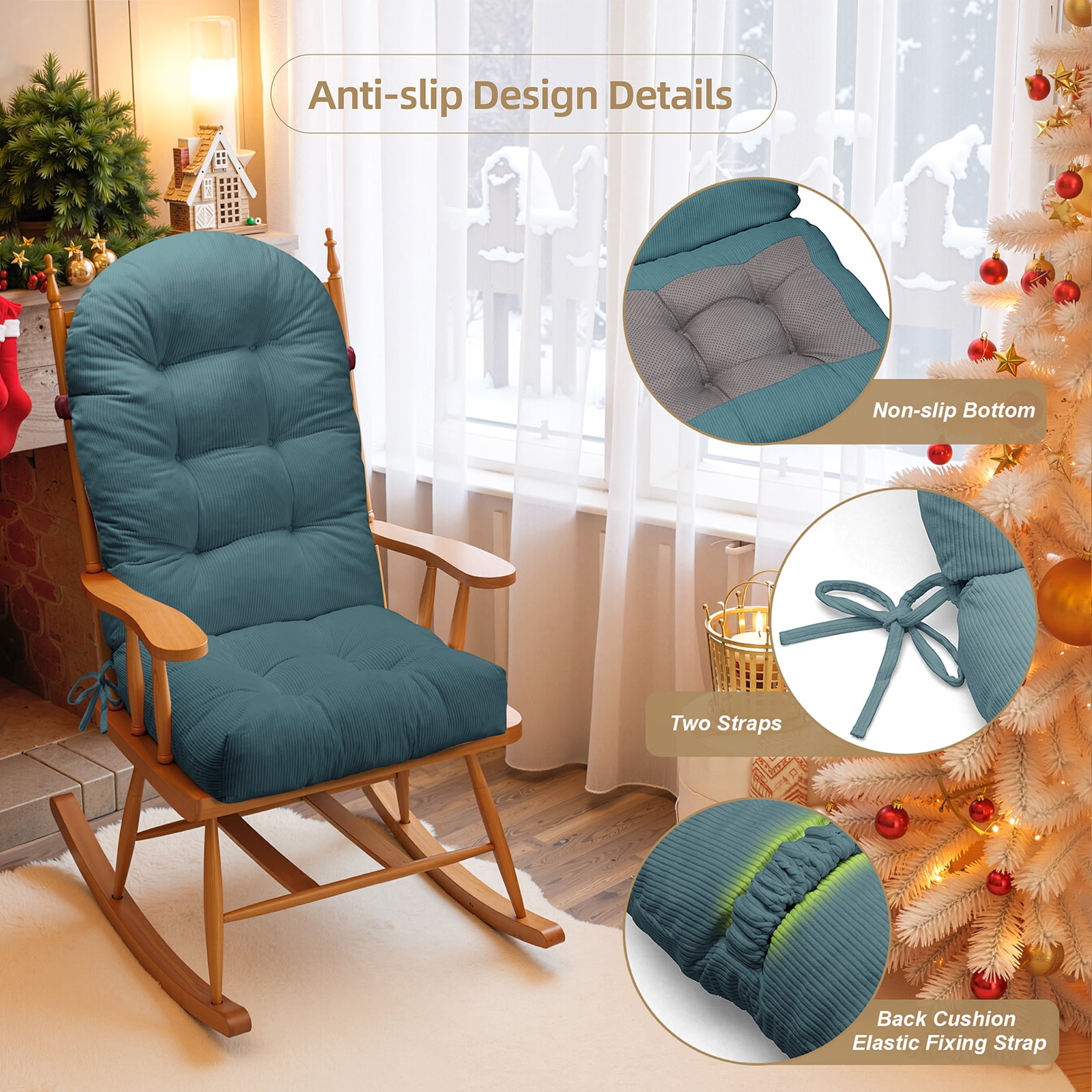 Millsilo Rocking Chair Cushion Set 44" x 19" x 4", High Back Tufted Cushion, Soft Breathable Corduroy Fabric, Non-Slip, Light Blue