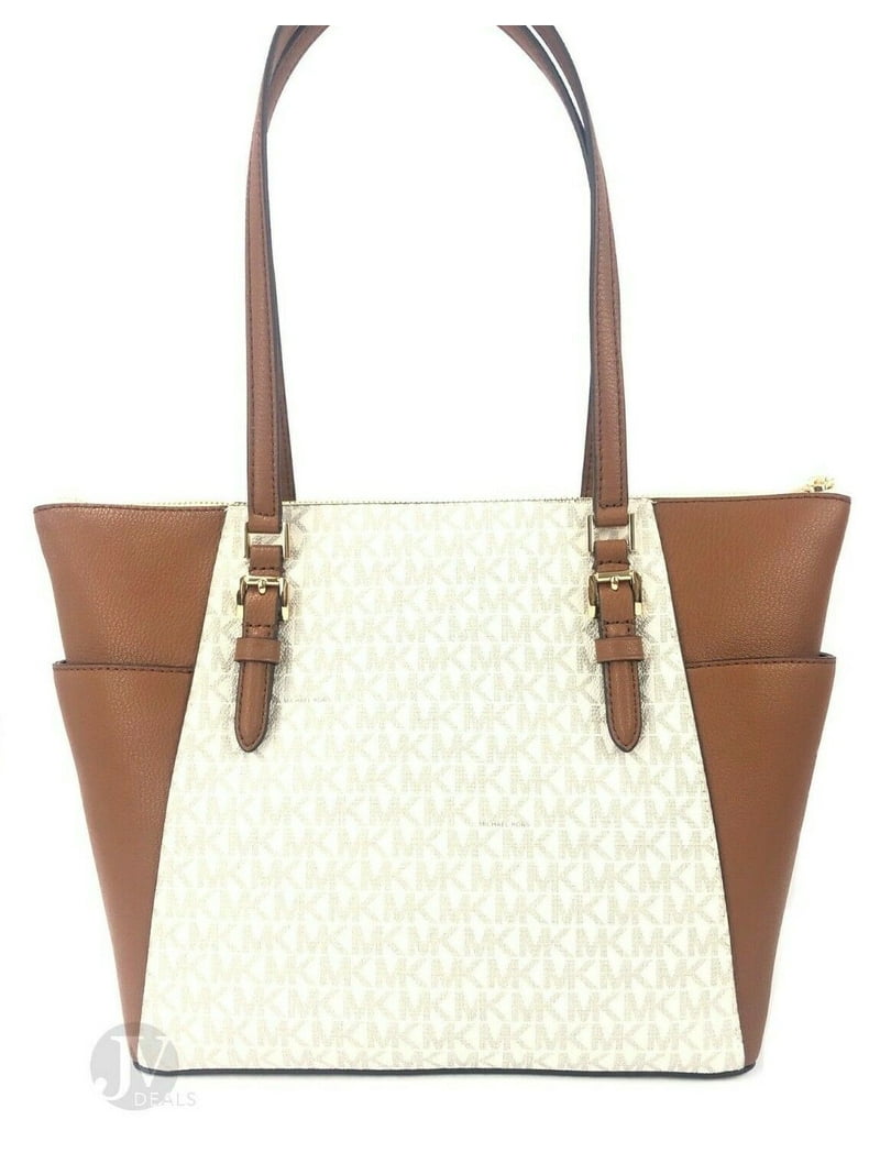 Michael Kors Women Leather Tote Handbag, Vanilla PVC, Zip Top