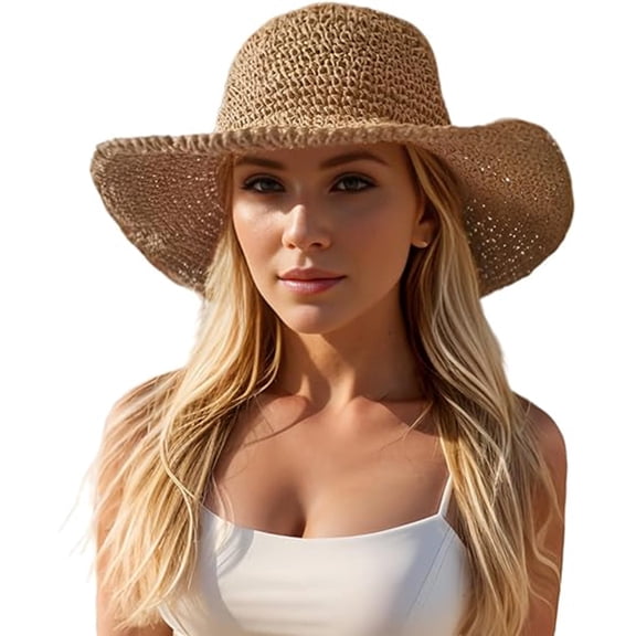Floppy Big Beach Straw Hats for Women, Foldable Summer Wide Brim Packable Sun Hat Women's Travel Straw Fedora Hat