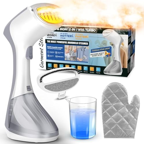 Vaporizador de ropa de 1300 W, elimina arrugas rápidamente, se calienta en 10 segundos, fácil de usar, con tanque de agua grande de 250 ml, cepillo para tela y guante resistente al calor para viajes