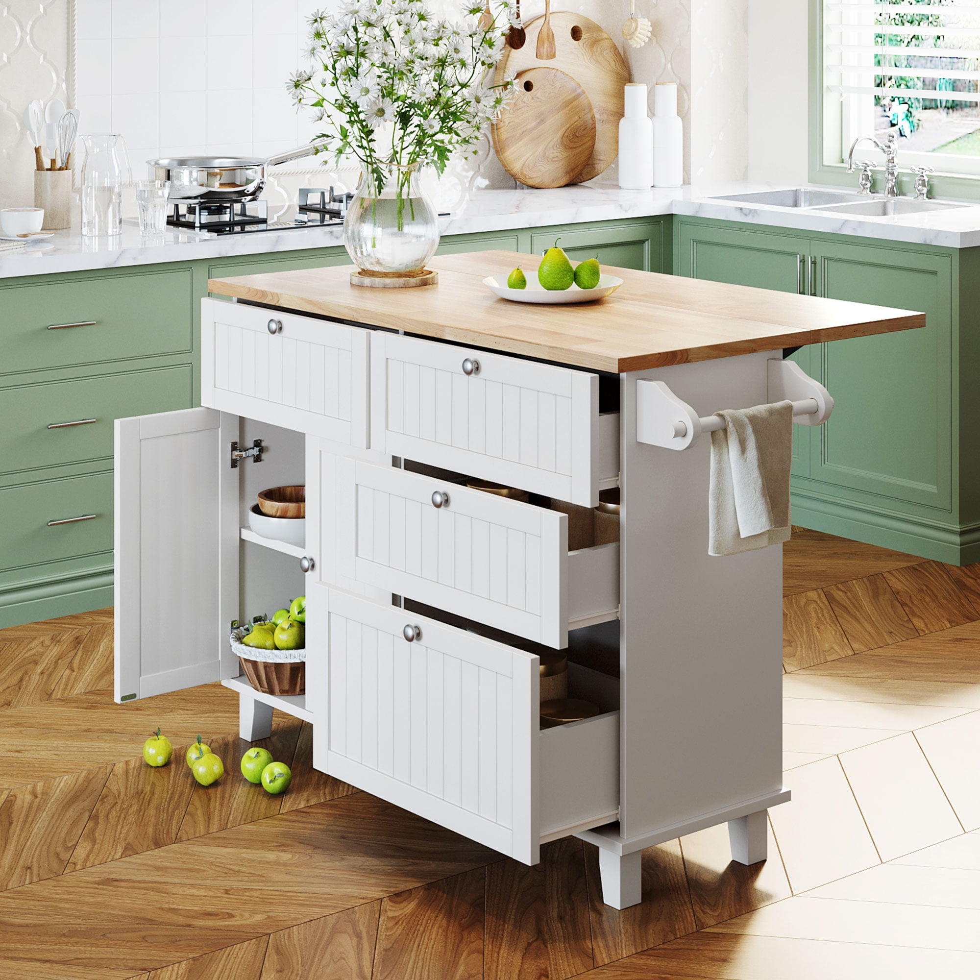 Yoneston Farmhouse Kitchen Island Set with 2 Stools, Dining Table Set with Drop Leaf, Storage Cabinet, Drawers and Towel Rack for Kitchen Dining Room, White