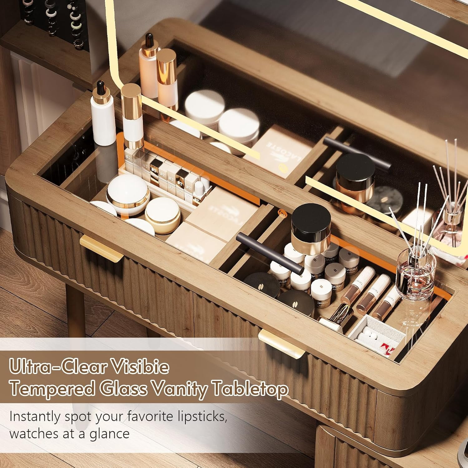 LAZZO 48" Wood Vanity with Glass Top, 3-Color Lights Mirror, Sliding Jewelry Organizer & Charging Station, Brown