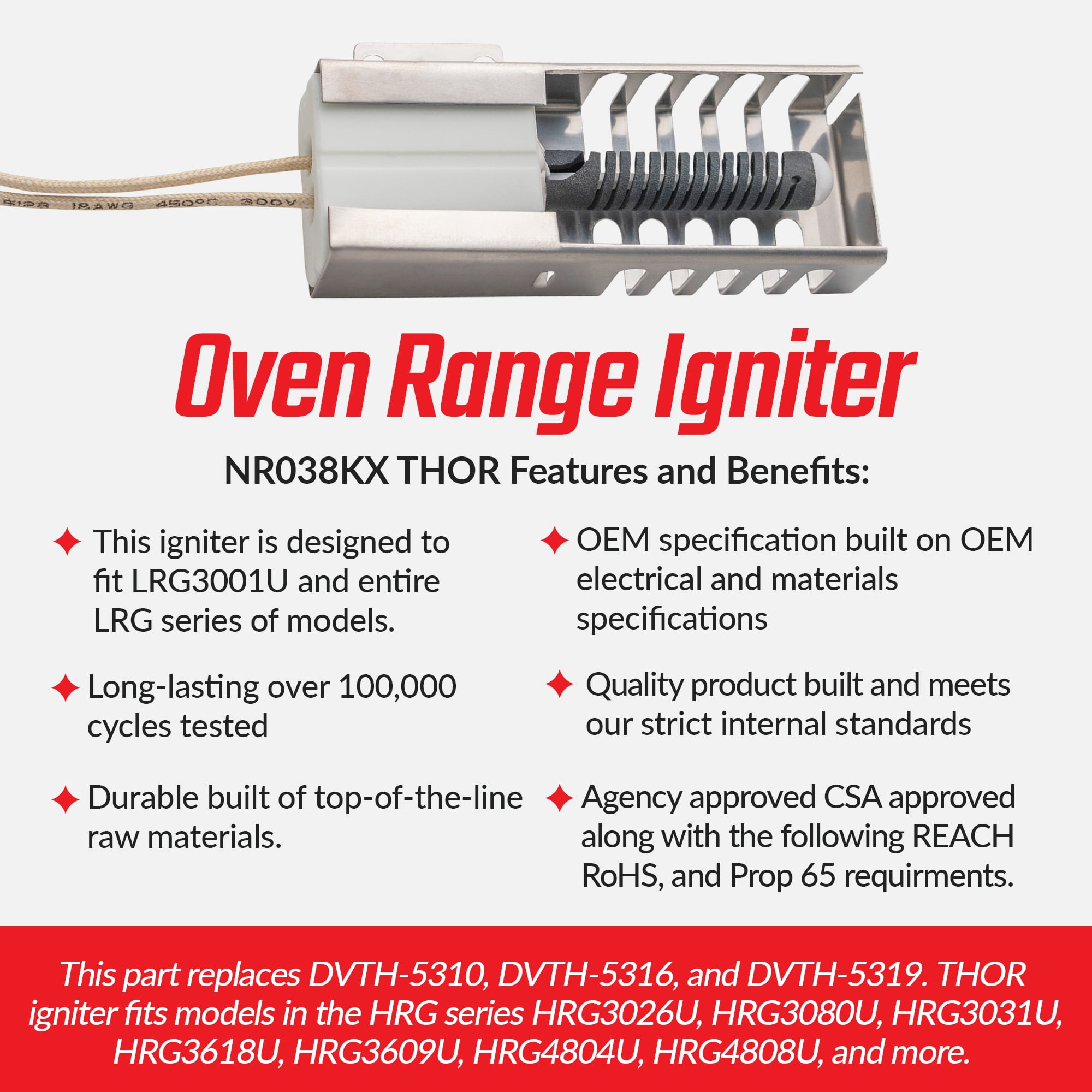 Surface Igniter NR038KX 3.2 to 3.6 Thor Gas Range Oven Igniter Replacement For DVTH-5310, 5316 and 5319