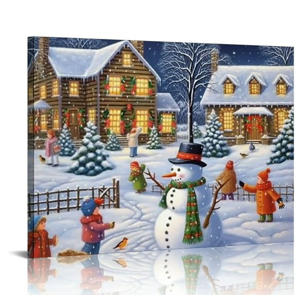 Nawypu Lighted Canvas Wall Art Christmas Tree Snowman Canvas Painting Christmas Snowman Pictures Snow Scene Poster Winter Scene Artwork Gift For Christmas Art Print Snowflake Canvas Art