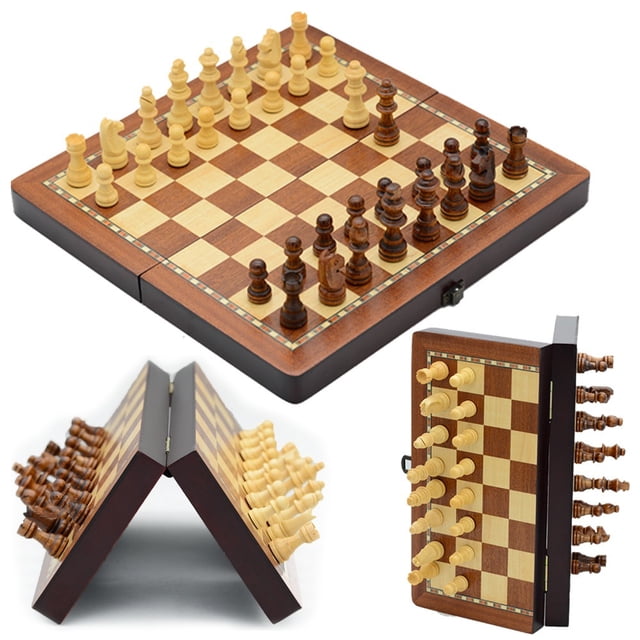 Juego de ajedrez de madera, juego de tablero de ajedrez magnético con 2 reinas adicionales (2 en 1), tablero plegable, juego de tablero de ajedrez de viaje potable para principiantes