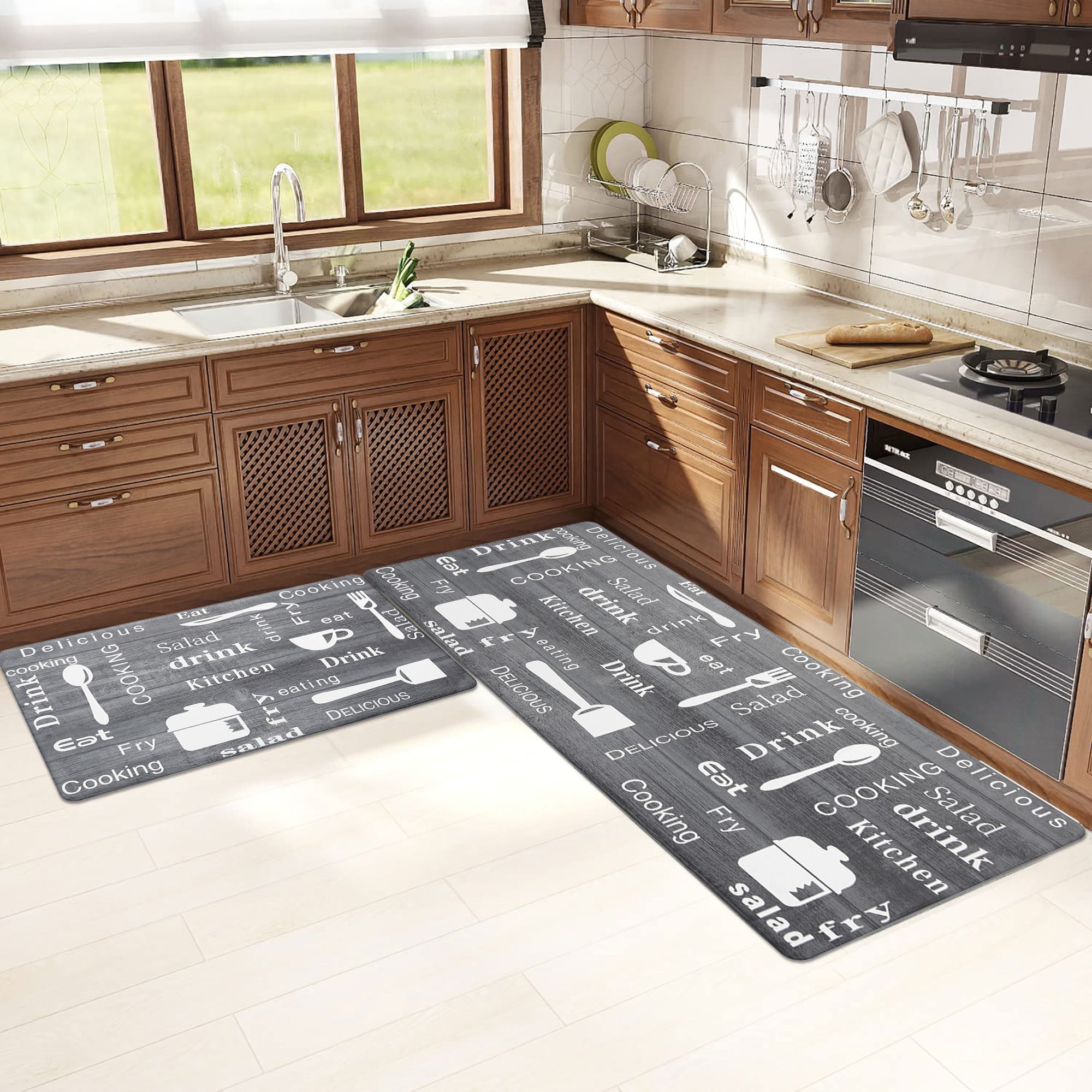 Pauwer 2pcs Anti Fatigue Kitchen Rug Mat Set Waterproof Non Slip Kitchen Runner Rug Heavy Duty