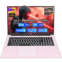 17.3" Business-Laptop, AMD Ryzen 7 7735HS (8C/16T), 32GB RAM 1TB NVMe SSD, Radeon 680M for Light Gaming, PD 100W Type-C WiFi-6E BT5.2 Fingerprint Unlock Backlit Keyboard for Working & Student