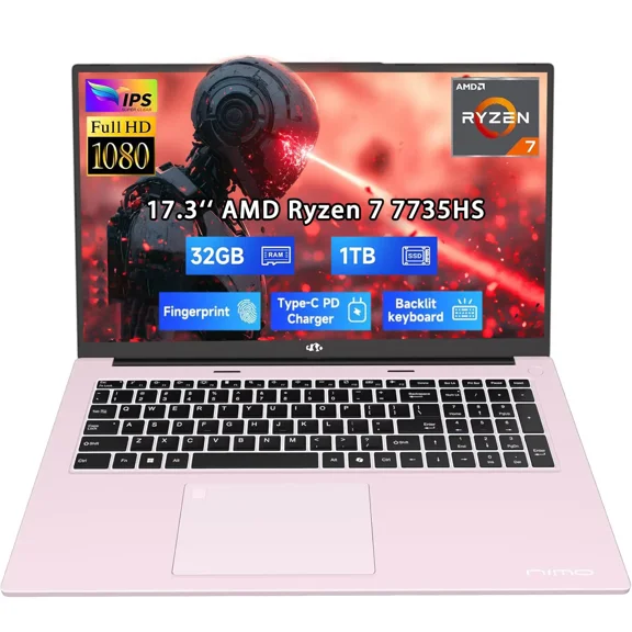 17.3" Business-Laptop, AMD Ryzen 7 7735HS (8C/16T), 32GB RAM 1TB NVMe SSD, Radeon 680M for Light Gaming, PD 100W Type-C WiFi-6E BT5.2 Fingerprint Unlock Backlit Keyboard for Working & Student